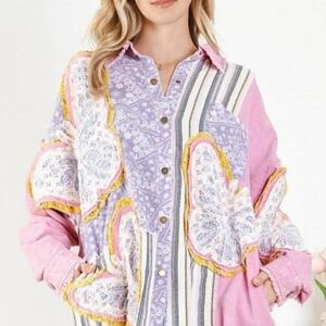 BLUE VELVET Colorful Patchwork Button-Up Shacket